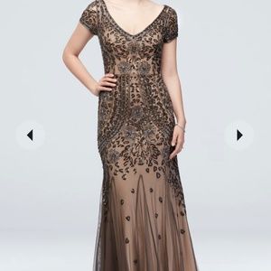 David's bridalbead and sequin embellished mesh overlay gown